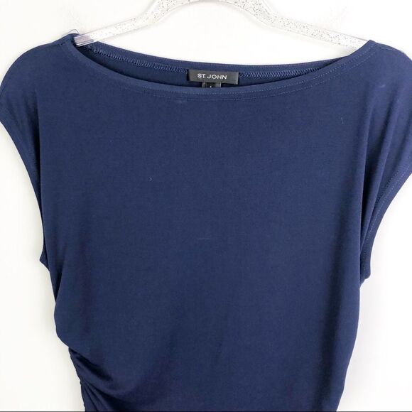 ST. JOHN | Navy Blue Gathered Drawstring Side Top Blouse Women’s Size Small - Picture 3 of 10